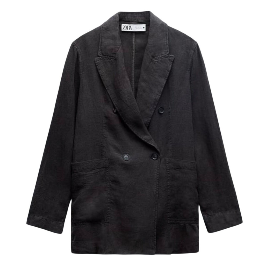Zara Black Linen Blend Double Breasted Blazer Jacket Notched Lapel